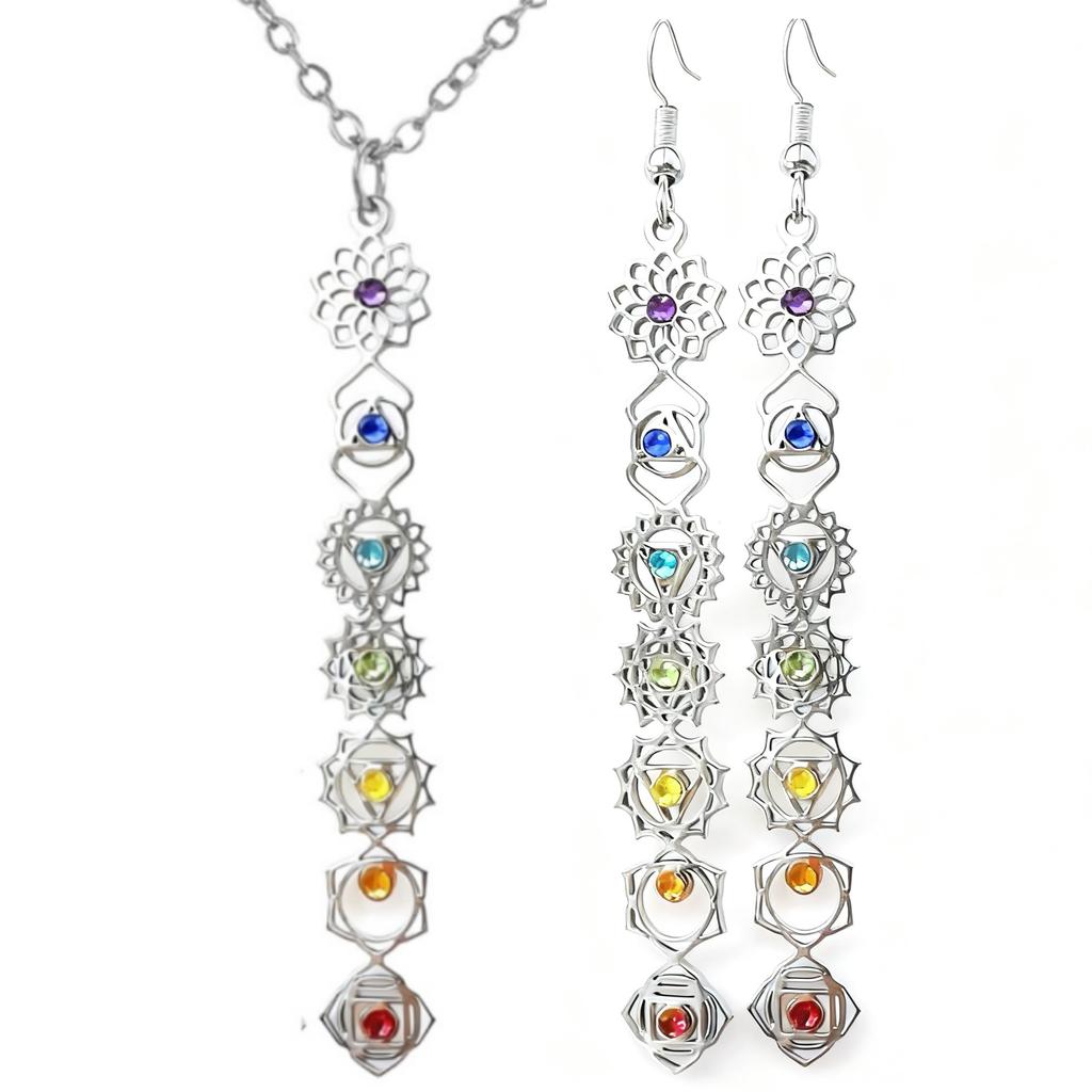 7 Chakra Drop Earrings Stainless Steel Chakras Earrings with Zircon Hindu Buddhism Yoga Meditation Jewelry Amulet Earrings