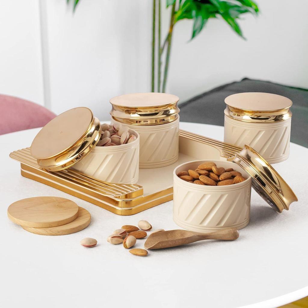 Dry Fruit Container Tray Set with Lid & Serving Tray, Airtight Container Set 430ml (4 Pieces, Polypropylene) (Elegance Ivory)