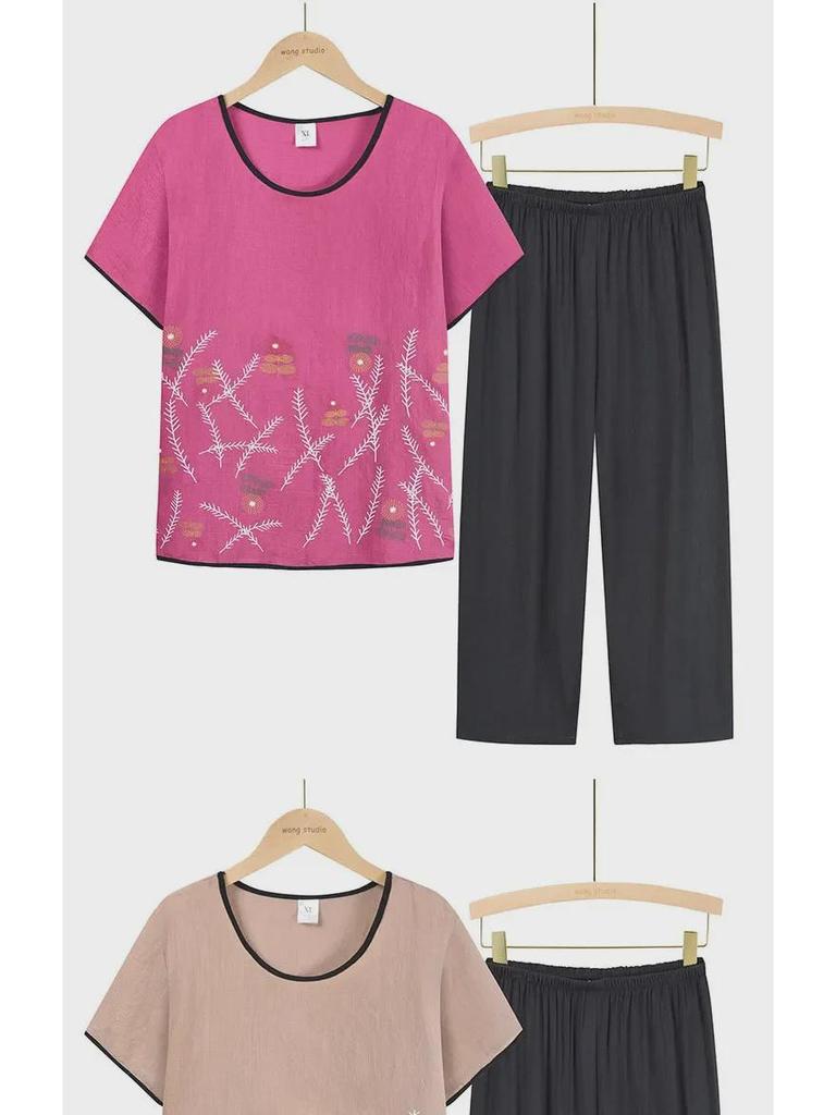 Seturi de vară din bumbac și in, din două piese, pentru femei cu vârsta între 60-70 de ani - Mânecă scurtă