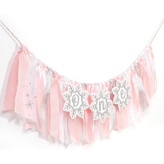 Pink Winter Onederland High Chair Banner – Winter Holiday 1st Birthday Decor, Pastel Pink and Silver Snowflake Highchair Tutu for Girl Cake Smash