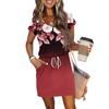 Women's Summer V-Neck Casual Short Sleeve Drawstring With Pocket Vintage Floral Dresses