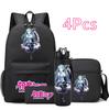 4Pcs/set Anime Hatsune Miku Printed Backpack Bookbag Shoulder Bag Case Bag with 750Ml Water Bottler for Boy Girl Large Capacity Waterproof Schoolbag