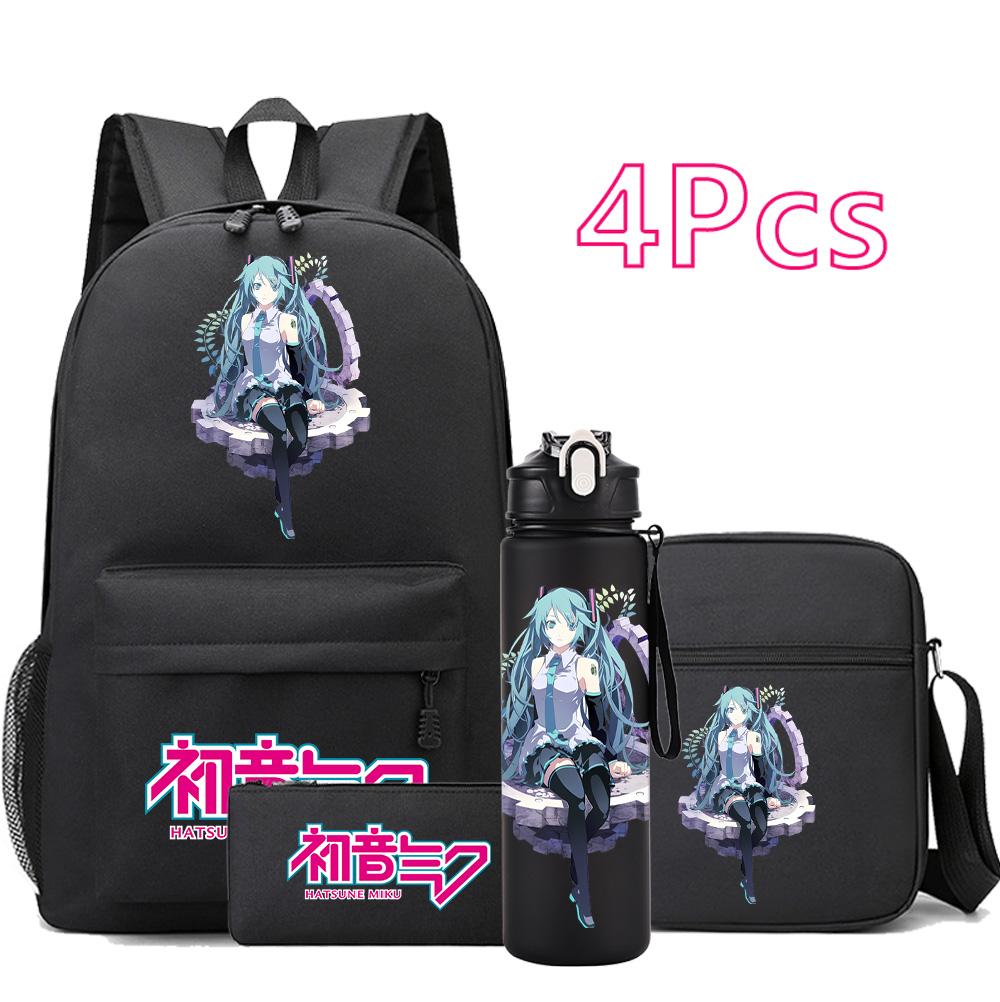 4Pcs/set Anime Hatsune Miku Printed Backpack Bookbag Shoulder Bag Case Bag with 750Ml Water Bottler for Boy Girl Large Capacity Waterproof Schoolbag