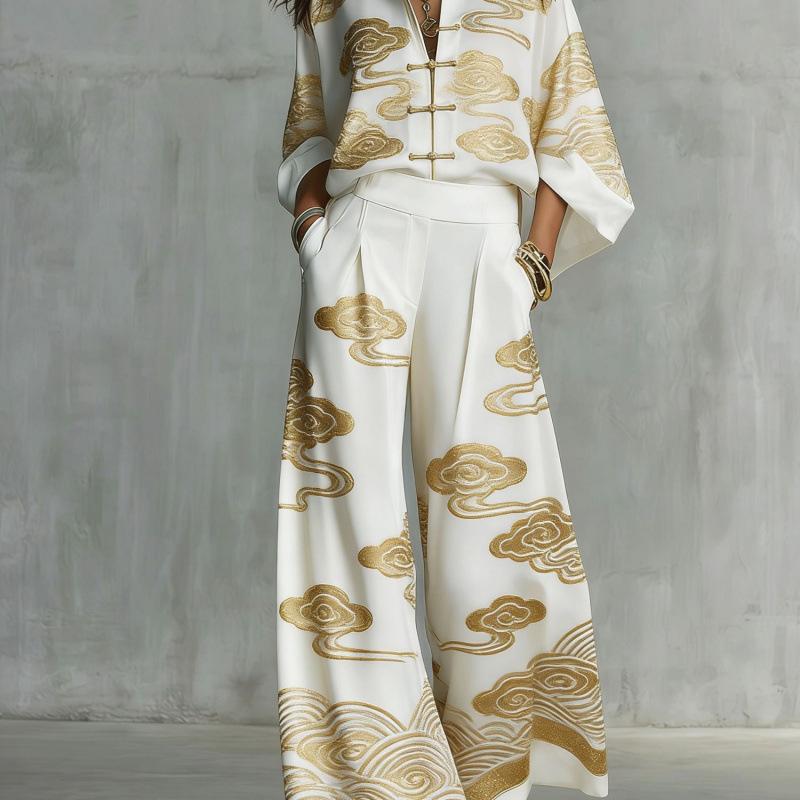 1116 New European and American Style Fashion Luxury Black Gold Baroque Print Nine-quarter Sleeve Wide-leg Pants Set Women's Two-piece Set