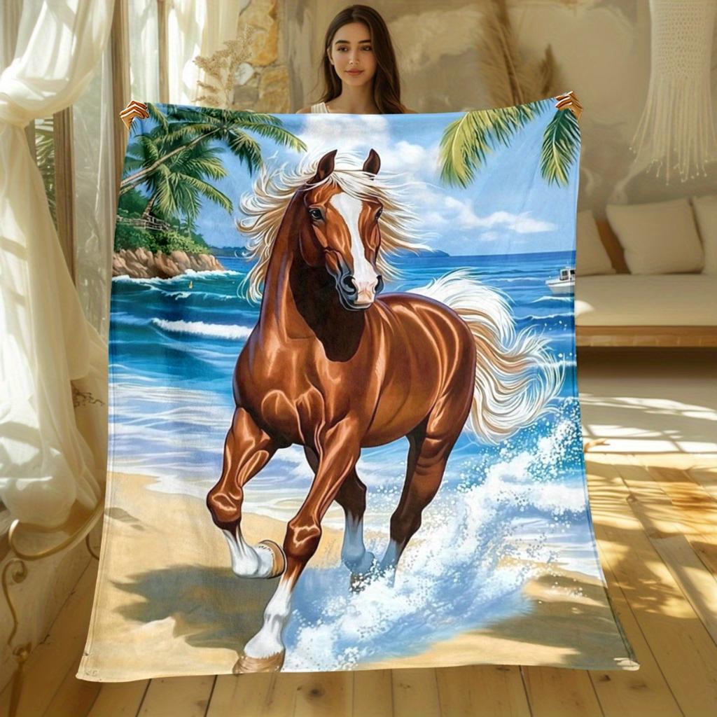 1pc Horse Running On Beach Ocean View Fleece Blanket Flannel Throw Coastal Animal Art Bed Cover Tropical Paradise Decor Gift