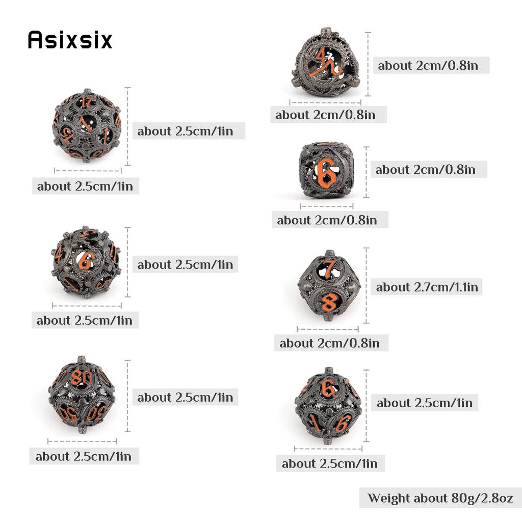 7 Pcs Black Orange Circular Dragon Metal Dice Hollow Metal Polyhedral Dice Suitable for Role-Playing RPG  Board Game Card Game