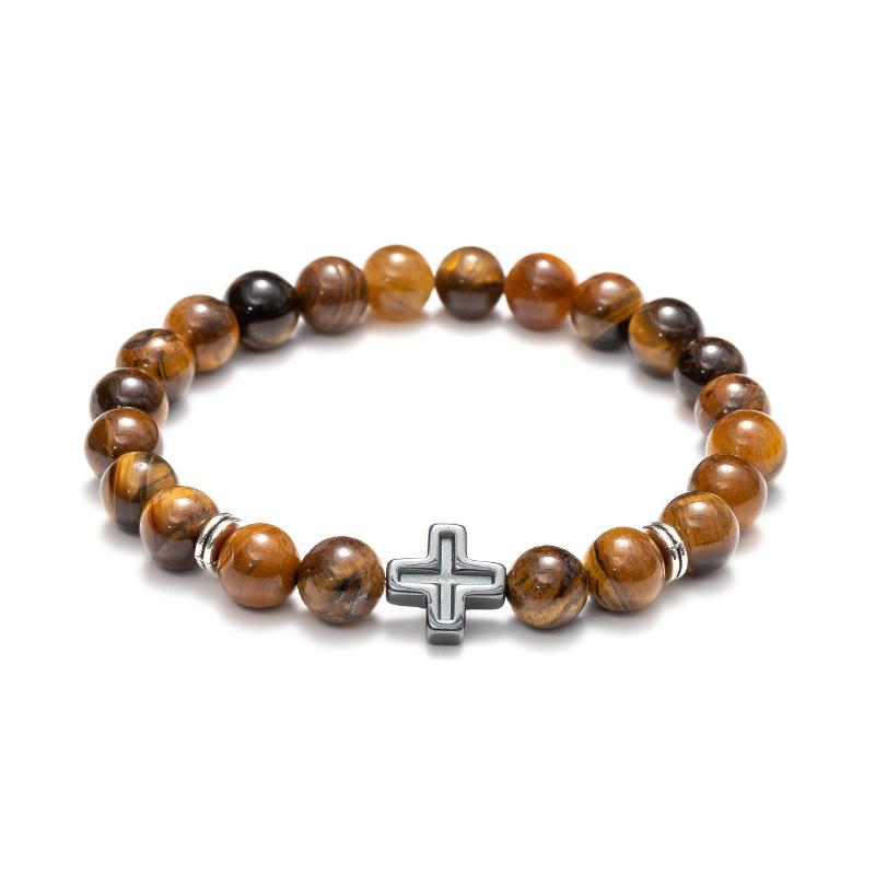 Fashion Religion Cross Men Women 8mm Natural Stone Tiger Eye Volcanic Rock Bead Bracelet Elastic Bracelet Bangle Jewelry