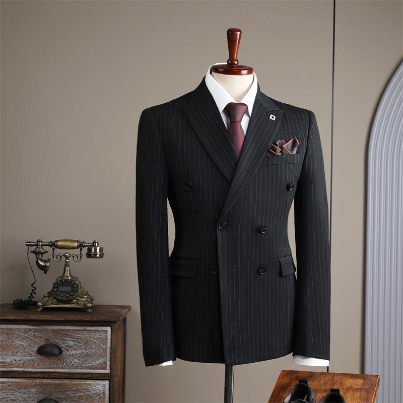 Apricot White Striped Double-Breasted Slim-Fit Suit Set for Casual, Groom, or Formal Business Attire.