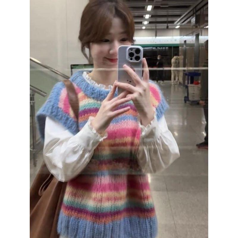 

Французский стиль Цветные полоски Вязаный безрукавный жилет Женский Осенне-зимний Платье-бандаж Свитер Жилет Короткая верхняя одежда Топы Stripes vest 2XL(Suggested 65.00 kg-75.00 kg)