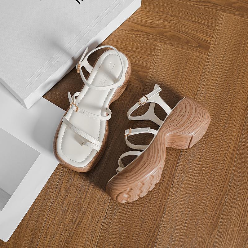 

Thick-soled heightening Roman sandals women s new summer wear in 2025, one-word with thin wedge heel muffin sandals women 35 бежевый