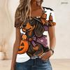 Women Plus Size Short Sleeve U Neck T Shirt Dachshund Dog Witch Costume Candy Pumpkin Halloween Print Top