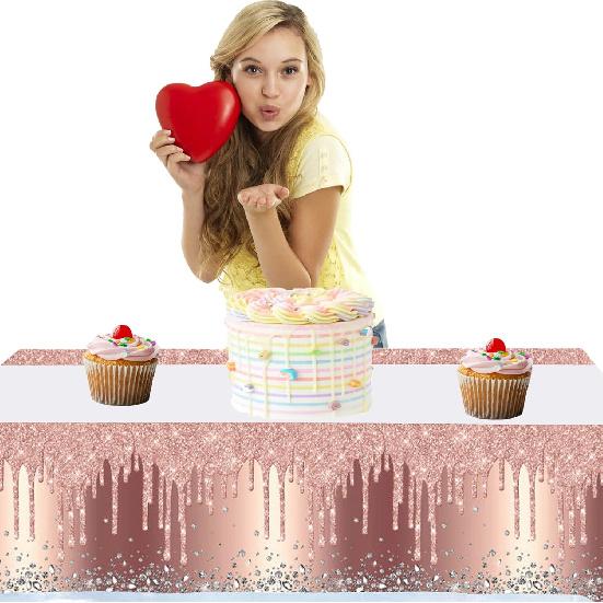 2Pcs Pink Rose Gold Birthday Tablecloth and Table Cover for Girls and Women (71in x 42in)