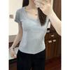 U-neck cotton short-sleeved T-shirt women's summer new solid color slim-fitting and thin shoulder low-neck top