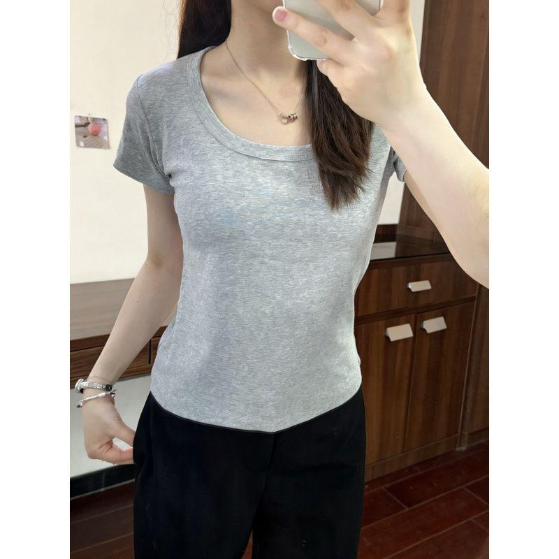 U-neck cotton short-sleeved T-shirt women's summer new solid color slim-fitting and thin shoulder low-neck top