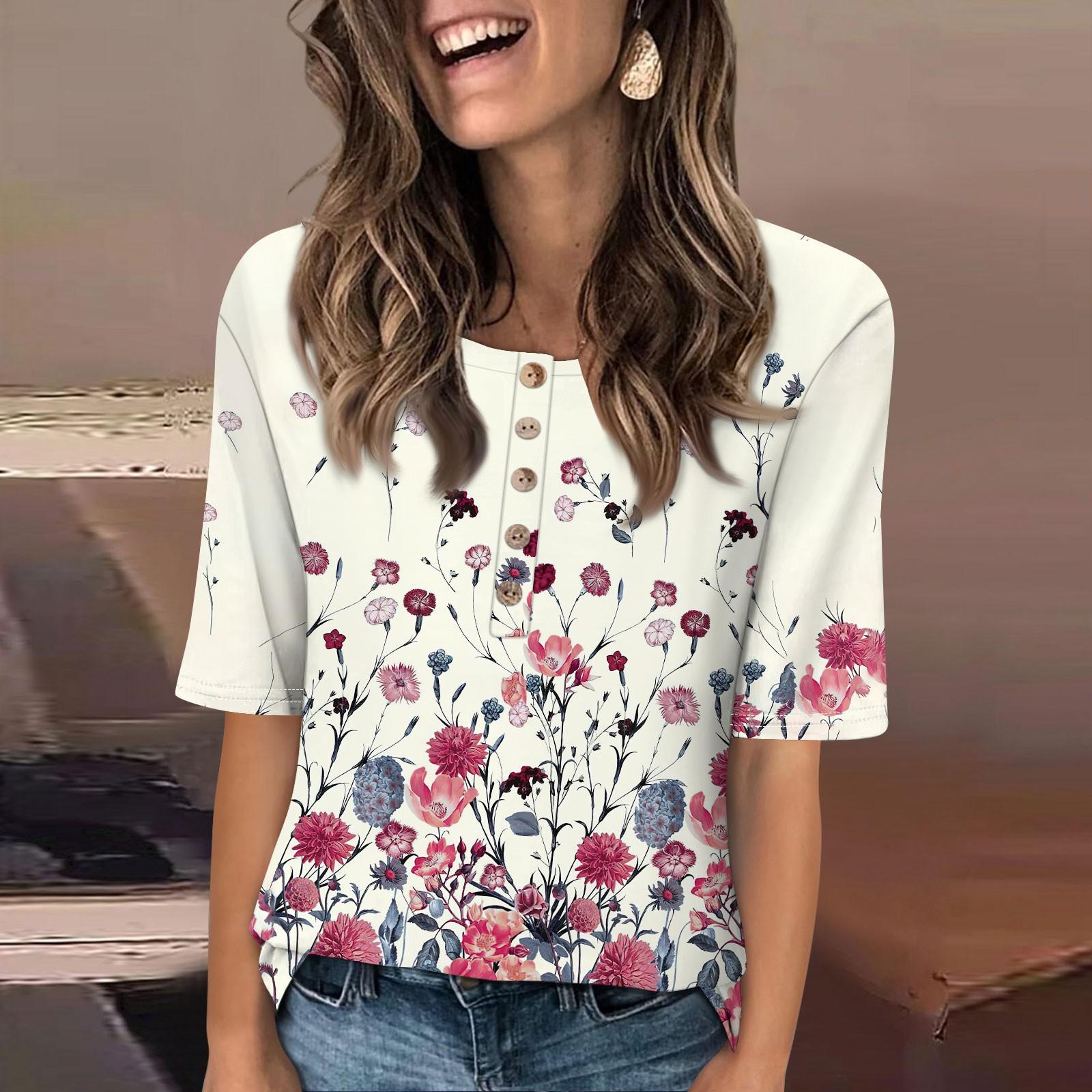 

Женский свободный повседневный топ с круглым вырезом и пуговицами с коротким рукавом и цветочным принтом XL белый