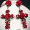 Vintage Baroque Red Flower Cross Dangle Earrings