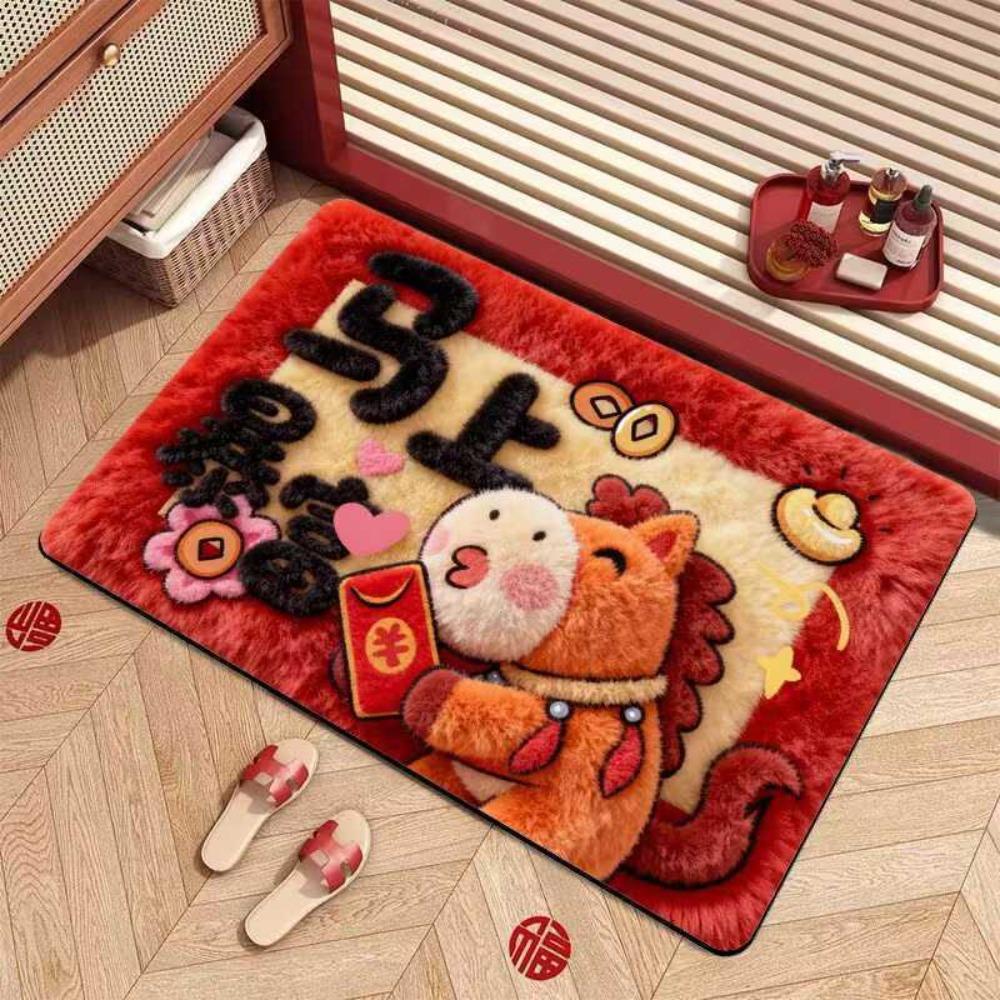 Cute Horse Pattern New Year Door Mat Red Bath Mat Soft Non-slip Door Carpet Home Decorations