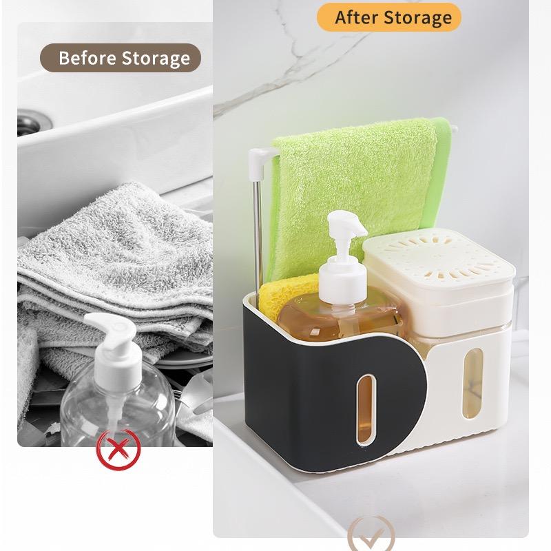 Kitchen Soap Dispenser Set, 4-in-1 Dual Hand and Dish Soap Dispenser with Sponge Holder and Dishcloth Holder for Kitchen Sink