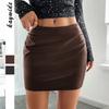 Women High Waist Solid Color Zipper Pu Package Hip Skirt
