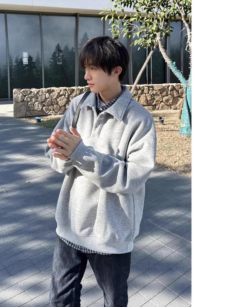 2025 Grey Lapel Hoodie: Versatile Spring/Autumn Casual Long Sleeve POLO Shirt