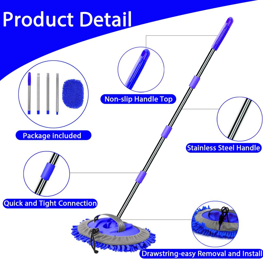 WillingHeart 160cm Car Wash Mop with Long Extendable Microfiber Car Wash Mop for Car 180 Degree Removable Car Wash for Interior Car Wash Dust Sponge