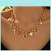 Geometric Cross Pendant Necklace With Faux Pearl Accents For Summer Trendy Women