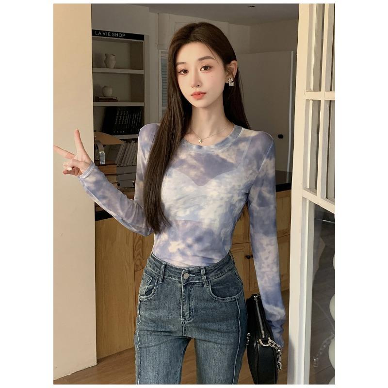 Women Tie Dye Round Neck Long Sleeve Slim Fit Mesh Texture Casual T Shirt S серый