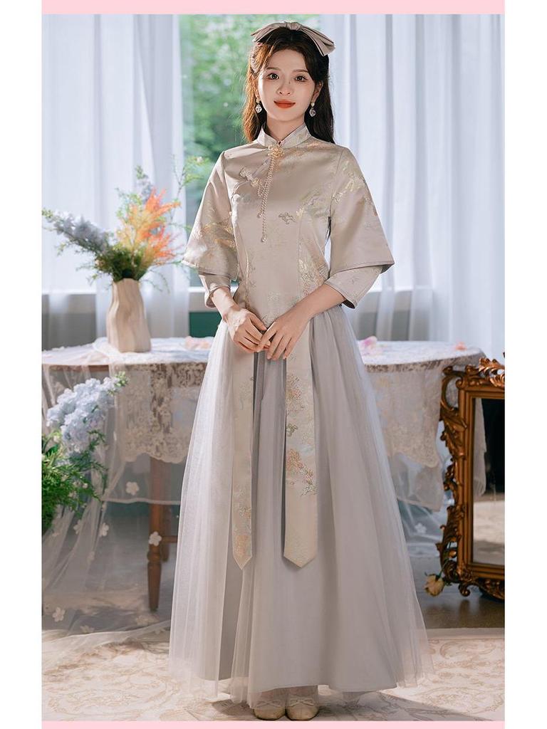 Gray Stand Collar Chinese Bridesmaid Dress 2024 Autumn/Winter - Petite Super Fairy Sisterhood Gown