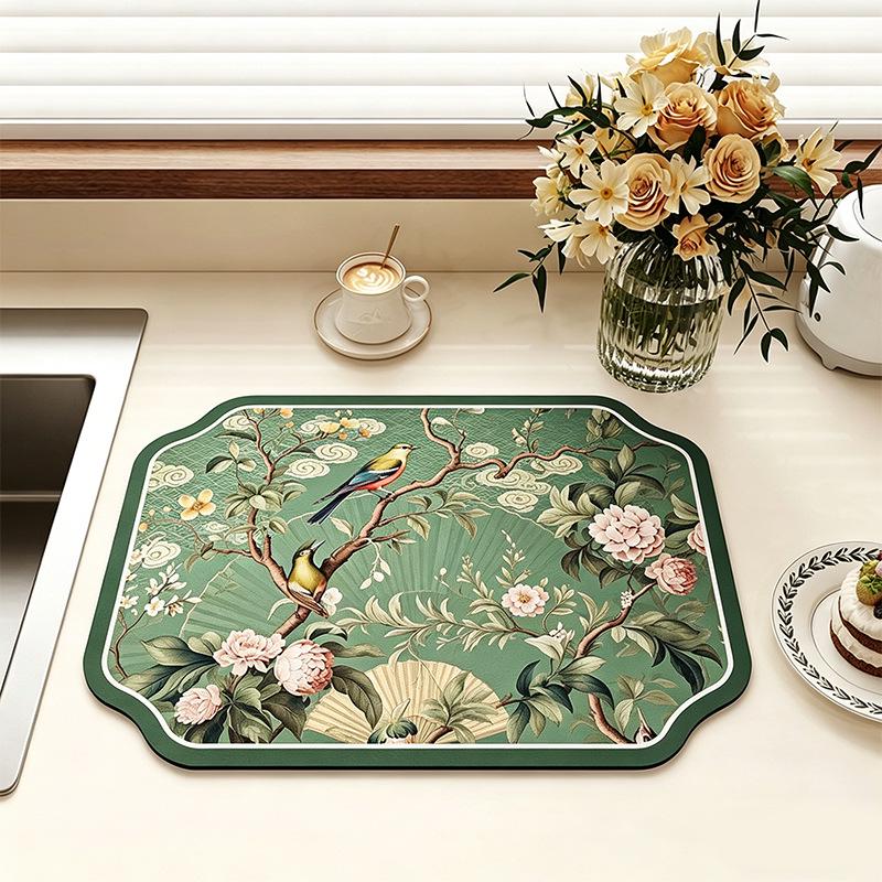 Chinese-Style Irregular Flower & Bird Diatom Mud Coffee Mat: Stain-Resistant, Easy-Clean, Non-Slip Kitchen Draining Mat