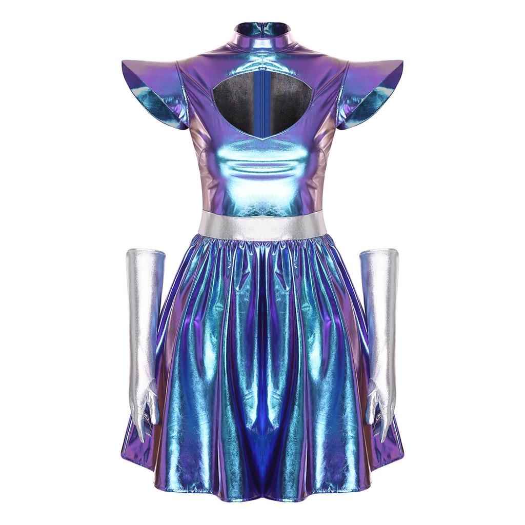 S-3XL Dames Buitenaards Cosplay Kostuum Metaalachtig Glanzende Jurk, Uitgesneden Hals & Gestructureerde Schouderstukken met Handschoenen voor Ruimte Themafeest
