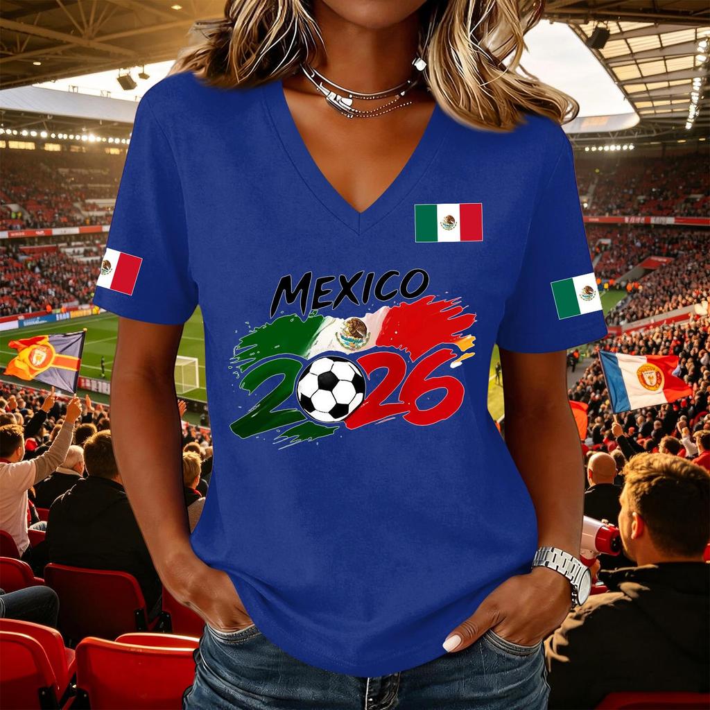 Women's Casual Short Sleeve V Neck Pullover Top Soccer Graphic Print National Flag Support Shirt for Outdoor Activities and Sports