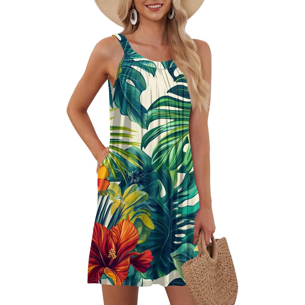 Ladies Fashion Beach Vest Casual Summer Hawaiian Print Dress With Pocket Straps