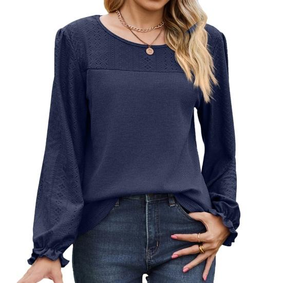 Tops de Mujer Cuello Redondo Manga Larga Abullonada Color Sólido Camiseta con Decoración Waffle Color Sólido Camiseta de Ajuste Holgado