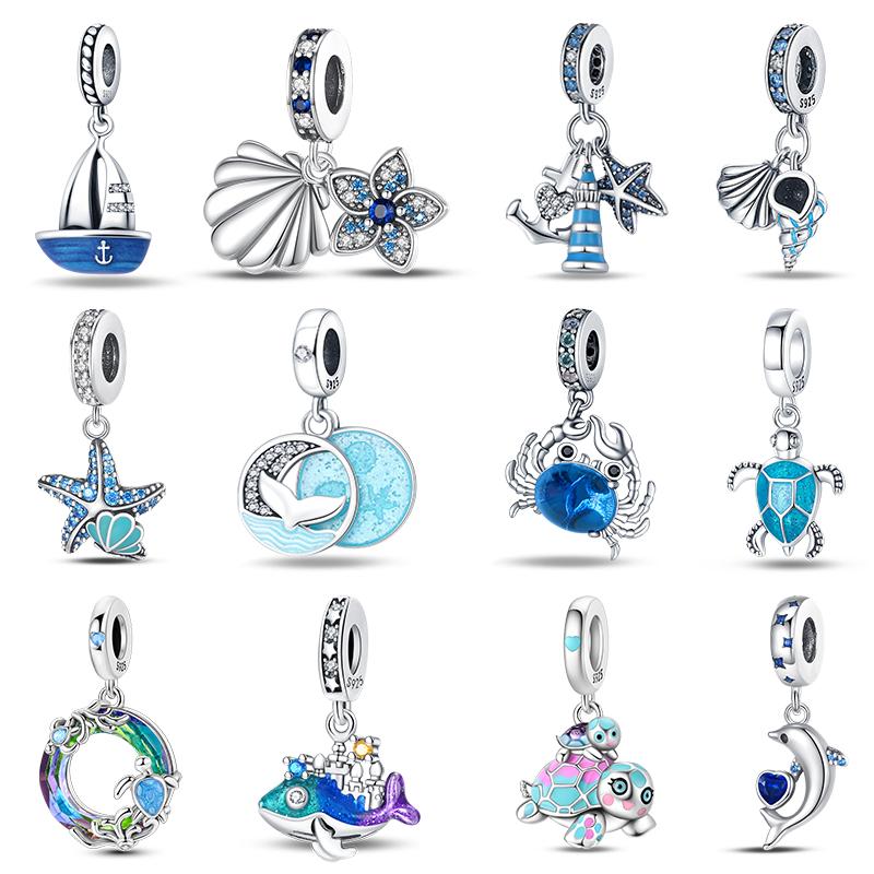 Summer 925  Silver Sailing Ship Lighthouse Luminous Ocean Series Charms Beads Fit Pan 925 Original Bracelets DIY Jewelry