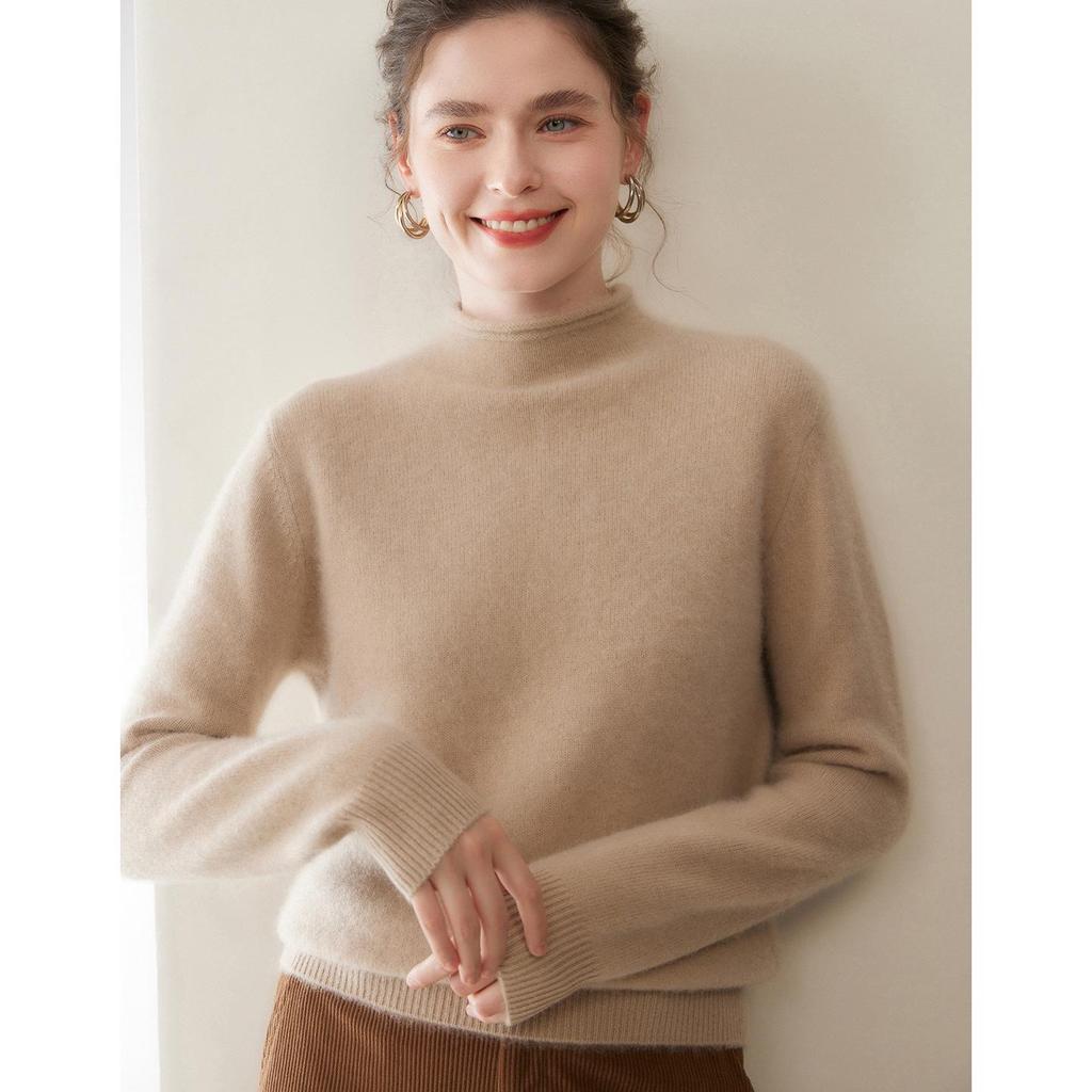 Soft & Cozy Double-Strand Thickened Baby Cashmere Pullover Sweater for Women - Half-High Neck Knit, Perfect for Autumn & Winter