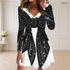 Women Plus Size V Neck Long Sleeve Black Floral Printed Curved Hem Dress