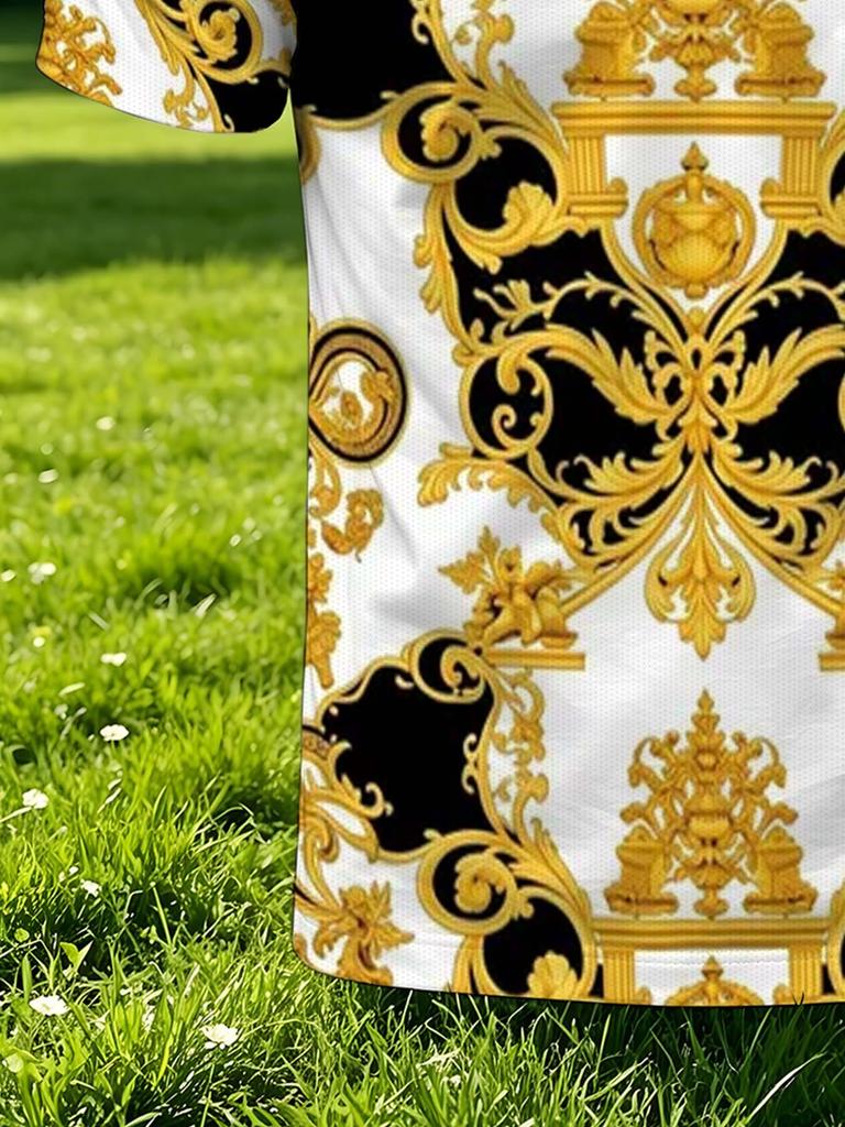 [Print Design - Not Textured] Men'S Outdoor Short Sleeve Polo Shirt, Multi-Size Available, Men'S Collared Polo, Black Golden Baroque Retro Floral