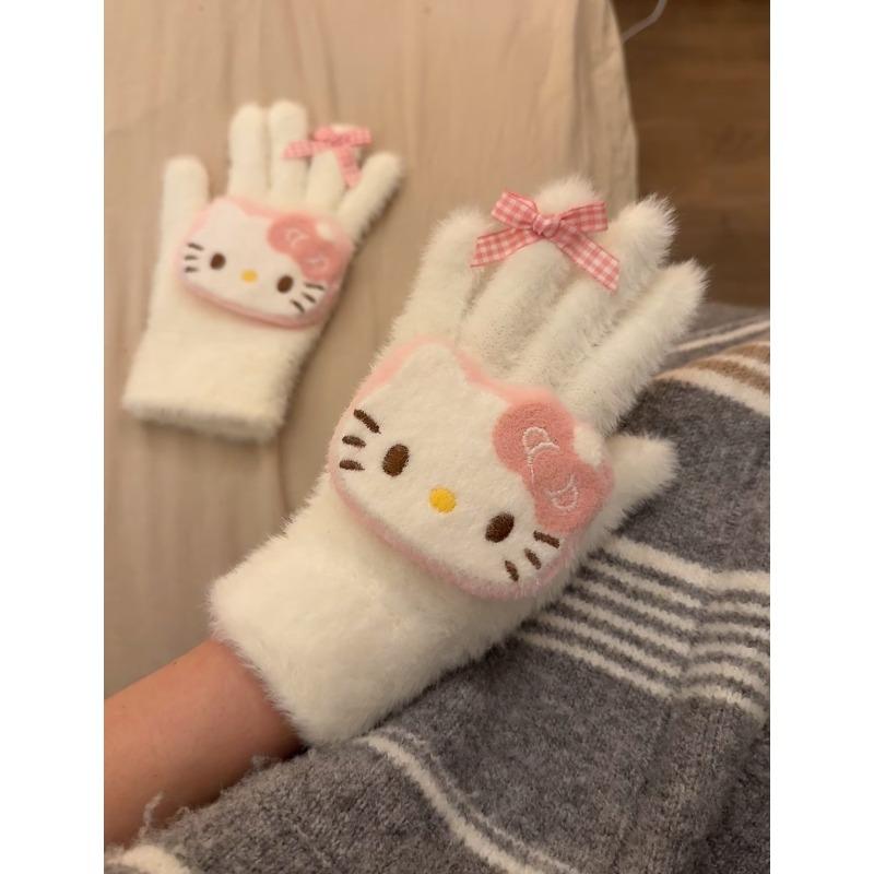 Miffy Rabbit sea salt blue bone girly gloves, cute plush and faux mink, warm split-finger gloves for women