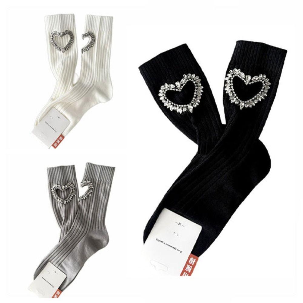 JK Rhinestone Heart Socks Cotton Mid-calf Socks Women Breathable Y2K Tube Socks  Lolita