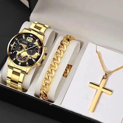 3PCS Set DEYROS Fashion Male Stainless Steel Watches Men Business Quartz Watch Man Casual Necklace Bracelet Wristwatch