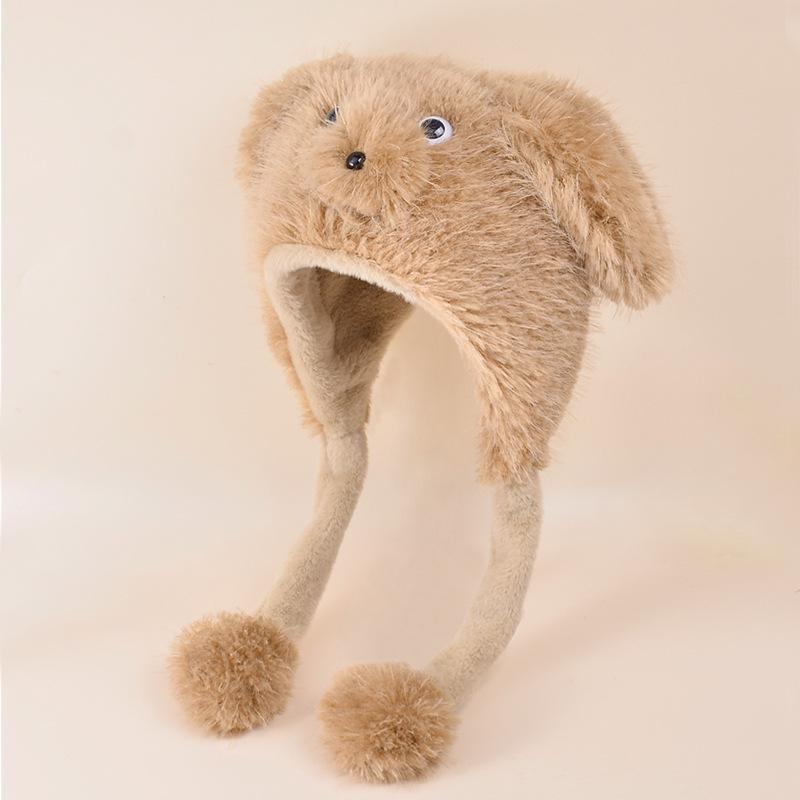 

Зимняя плюшевая шапка в виде милого щенка с подвижными ушками – теплая женская защита для ушей с рисунком из мультфильма хаки