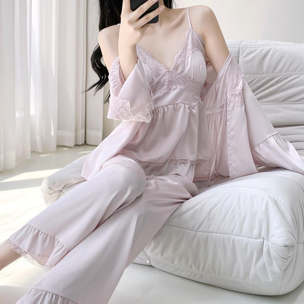 Live female Xia Bingsi Zhao Ruth sexy lace pajamas three-piece set suspender long sleeve trousers homewear
