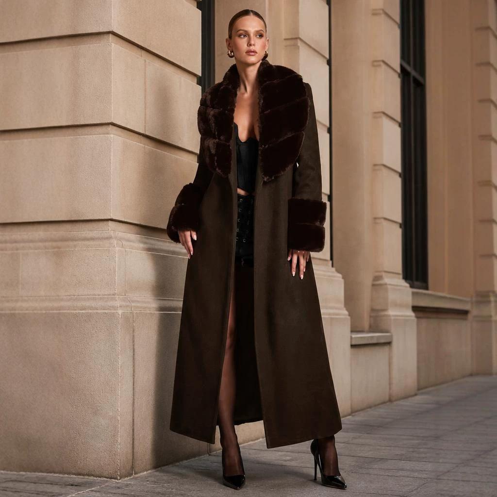 European and American retro woolen coat women's imitation fox hair lapel cuffs splicing light luxury temperament long coat