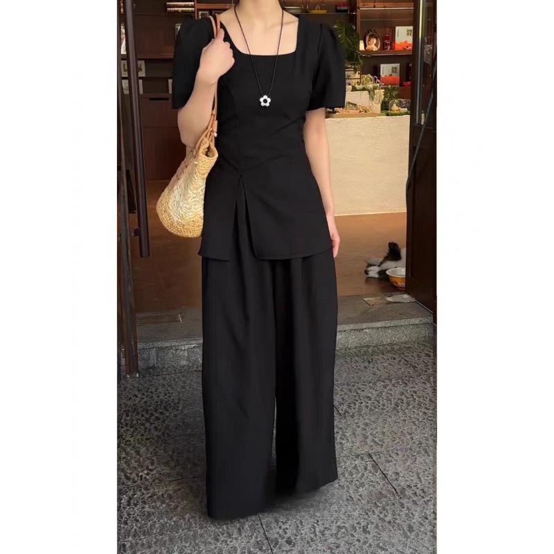 

Plus Size Women s Full Set: Square Neck Slit Short Sleeve Top & Elastic Wide-Leg Pants XL чорний