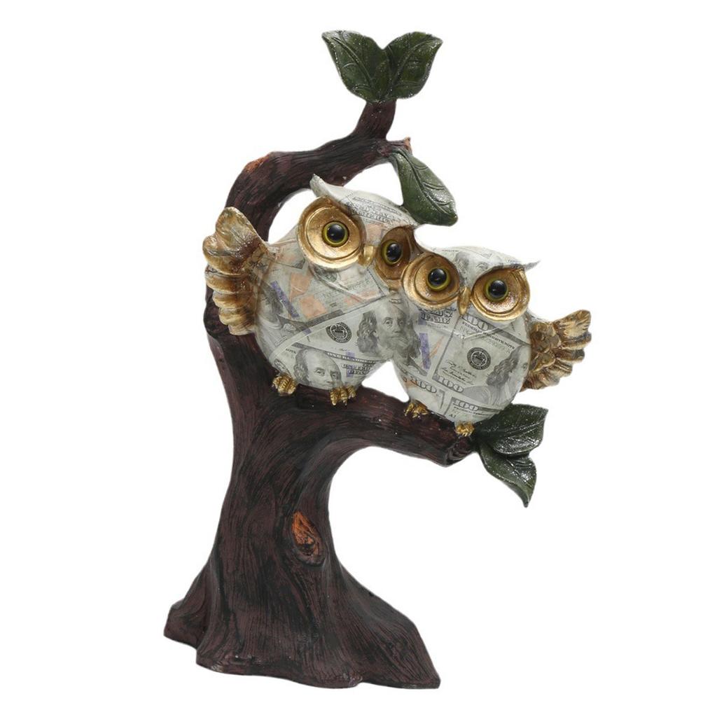 Couple Owl Decorative Statue Sculpture Water Transfer Owl Perching On Branch Desktop Resins Ornament for Animal Lover