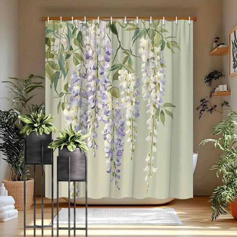 Wisteria Floral Shower Curtain - Lavender Purple & Green Leaves, Soft Green Polyester, 12 Hooks, 70.8x70.8 Inches, Modern Decor
