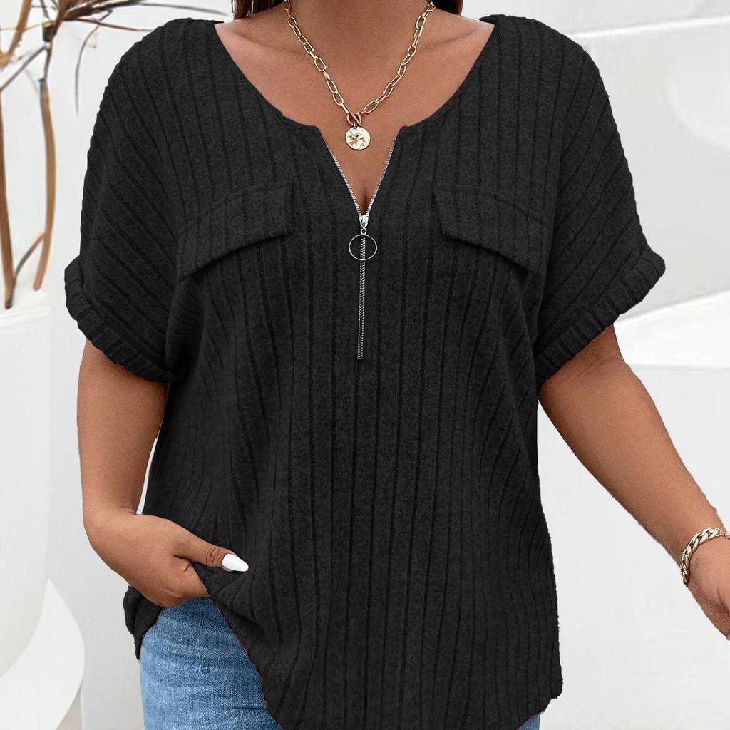 EastRogue Women's Fashion Casual Large Size Solid Color Print Summer Spring Short Sleeve V-Neck Loose Fake Pocket Pullover T-shirt