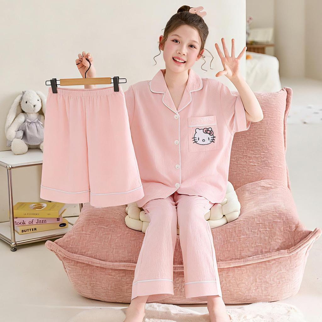 Girls' Lightweight Summer Pajamas: 2026 Ice Silk Three-Piece Set for Medium & Large Children