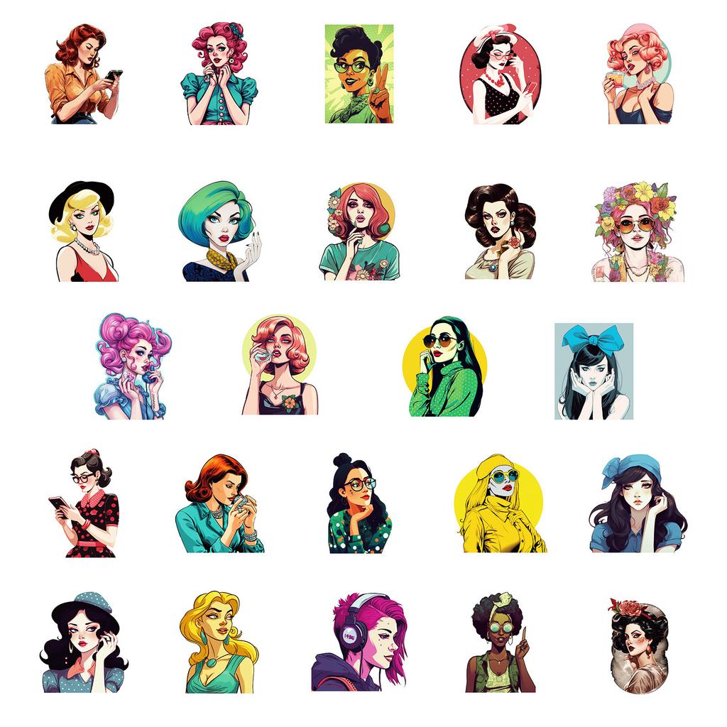 50 Cool Fashion Girl Stickers Diy Refrigerator Skateboard Helmet Decoration Waterproof Stickers