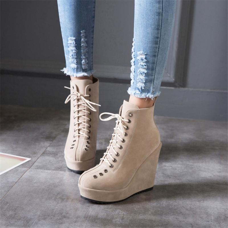 Stivaletti alla caviglia da donna con plateau, scarpe autunnali e invernali, con zeppa, tacchi alti, stringate, stivaletti corti, zeppe in pelle scamosciata nera, scarpe da ballo